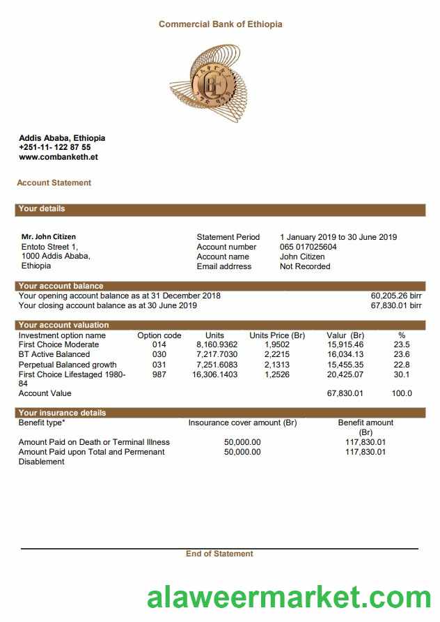 Ethiopia Commercial Bank of Ethiopia bank statement